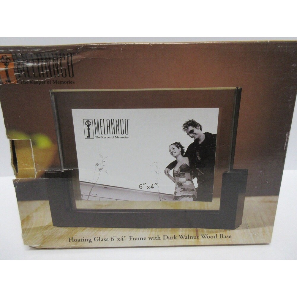 Melannco Floating Glass 6x4 Picture Frame W/Dark Walnut Wood Base W/Box